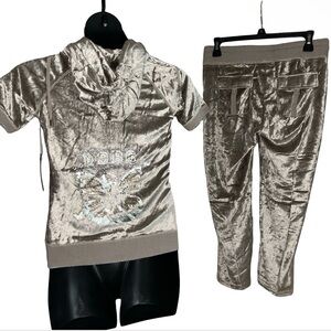 BCBG BLING TAUPE VELVET TRACKSUIT W/ SILVER BUTTERFLY FAIRY & RHINESTONES NWT